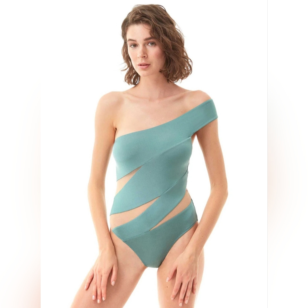 MOEVA London Delta One-Piece Swimsuit - Teal Cut-Out One Shoulder - Size L
